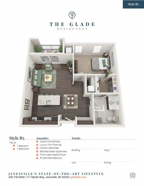 Floor plan for 1 bed, 1 bath, 792 sqft